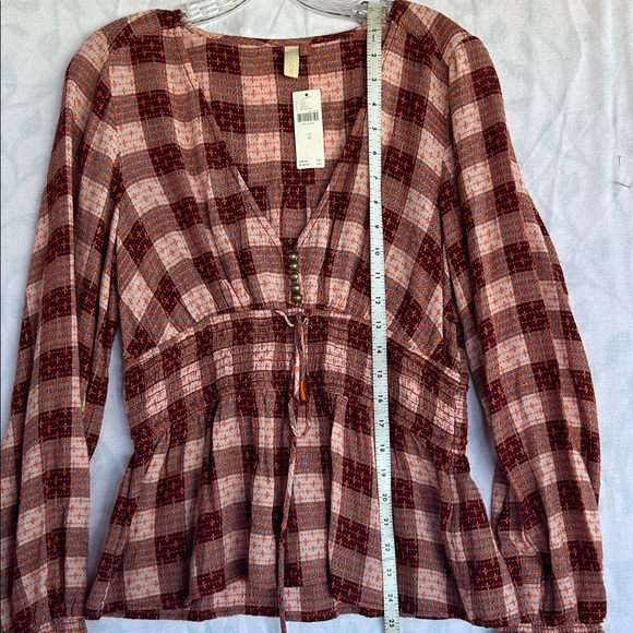 Anthropologie Burgundy and Cream Plaid Blouse - Picture 4 of 8